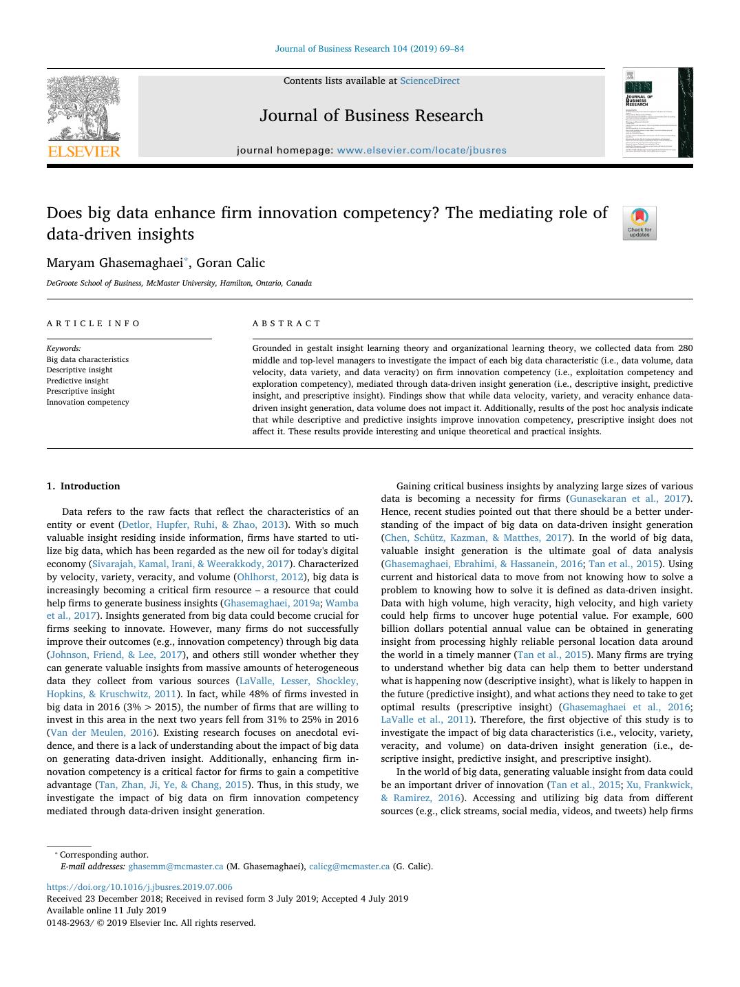 First page of Does big data enhance firm innovation competency? The mediating role of data-driven insights in Journal of Business Research