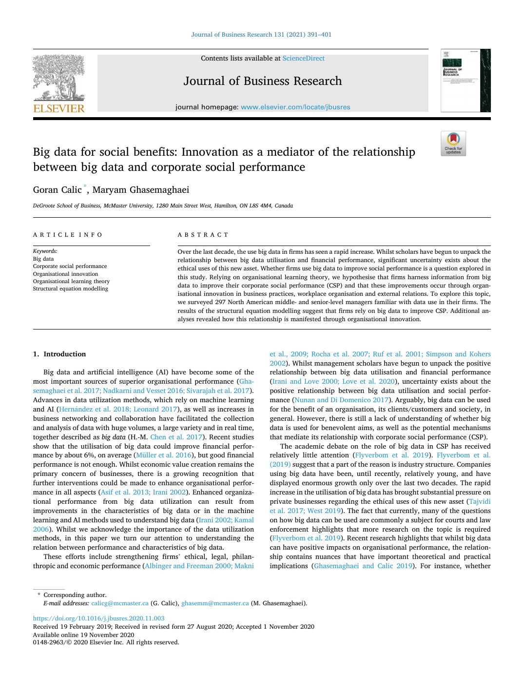 First page of Big data for social benefits: Innovation as a mediator of the relationship between big data and corporate social performance in Journal of Business Research
