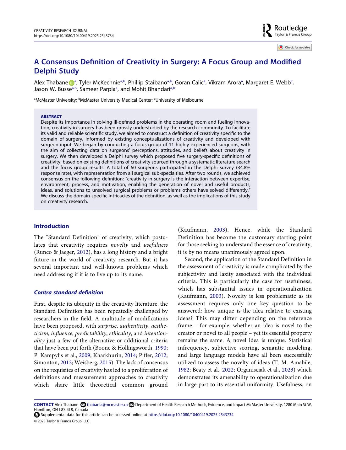 First page of A Consensus Definition of Creativity in Surgery: A Focus Group and Modified Delphi Study in Creativity Research Journal