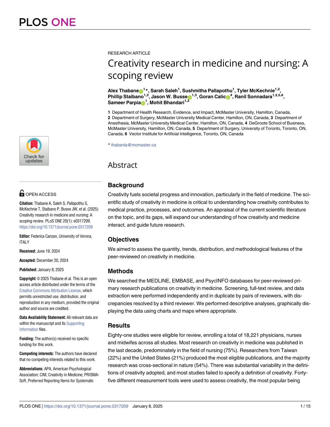 First page of Creativity research in medicine and nursing: A scoping review in PLOS One