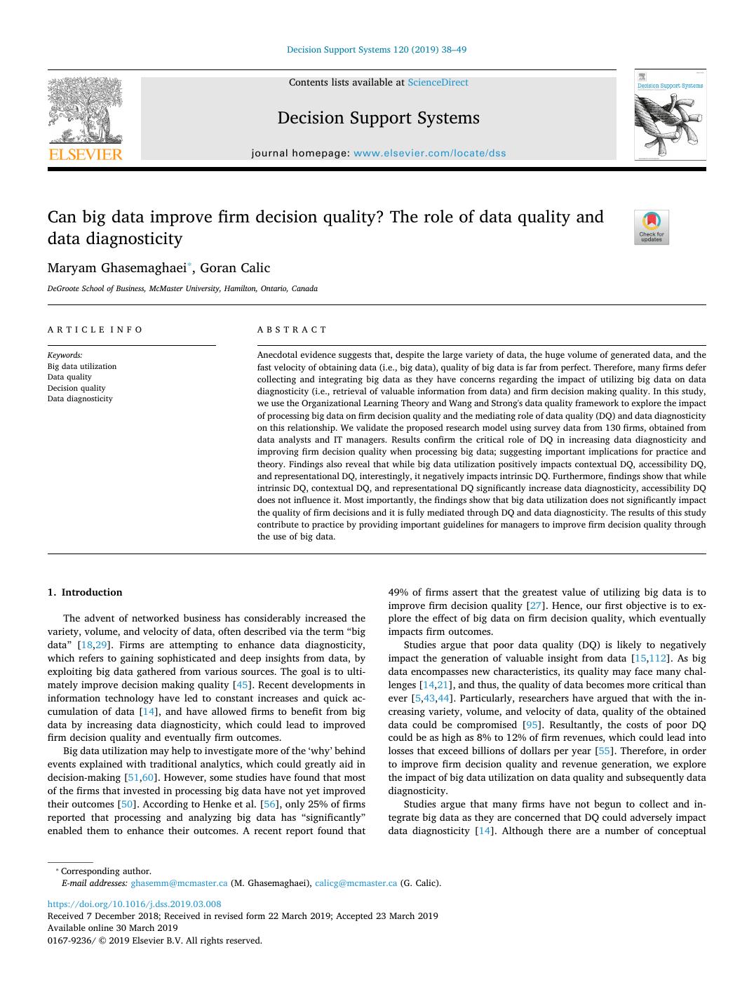 First page of Can big data improve firm decision quality? The role of data quality and data diagnosticity in Decision Support Systems