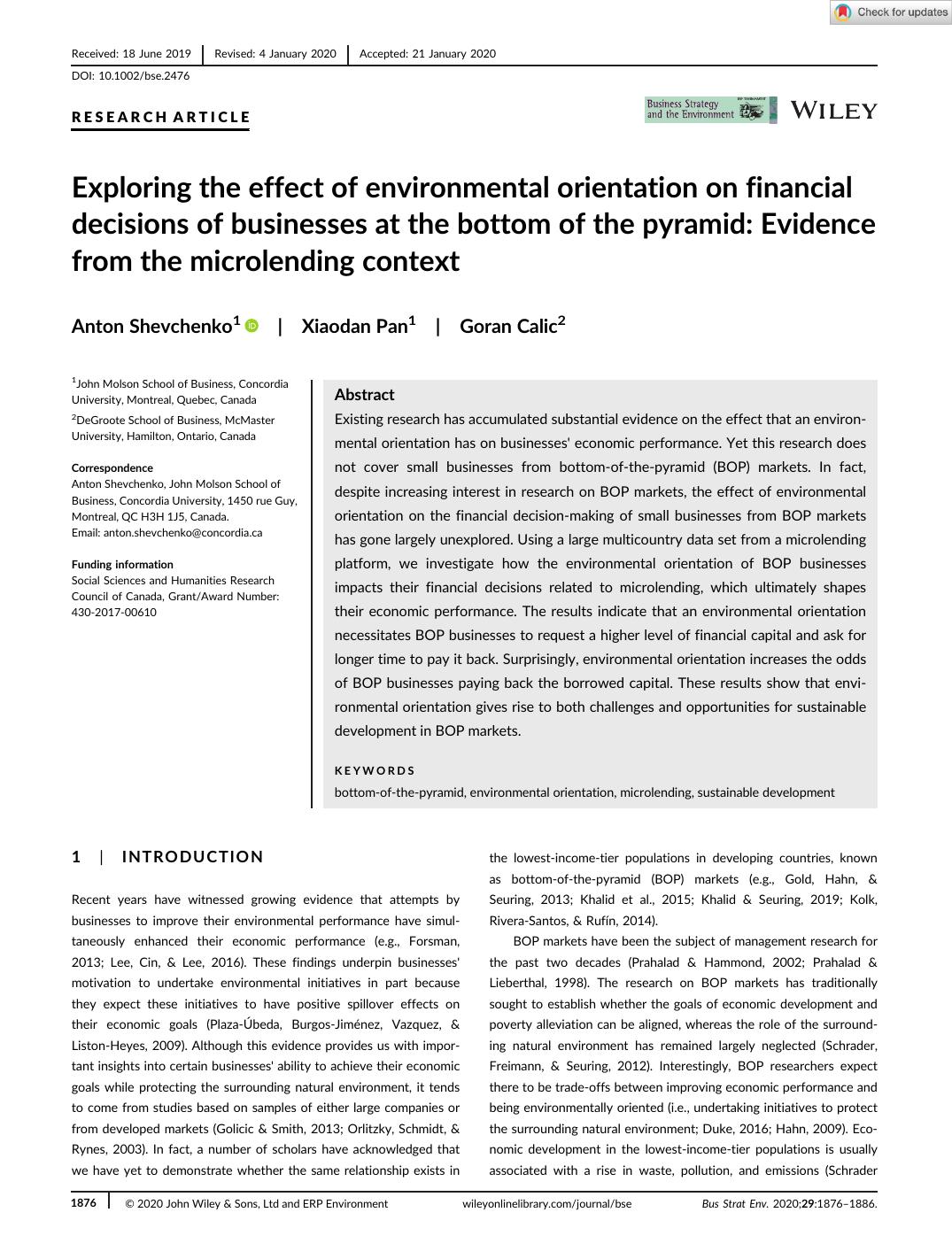First page of Exploring the effect of environmental orientation on financial decisions of businesses at the bottom of the pyramid: Evidence from the microlending context in Business Strategy and the Environment