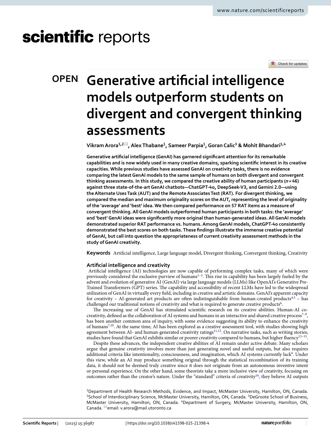 First page of Generative artificial intelligence models outperform students on divergent and convergent thinking assessments in Scientific Reports
