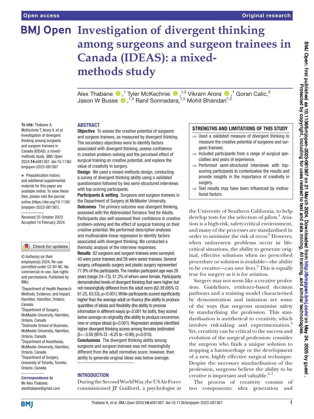 First page of Investigation of divergent thinking among surgeons and surgeon trainees in Canada (IDEAS): A mixed-methods study in BMJ Open