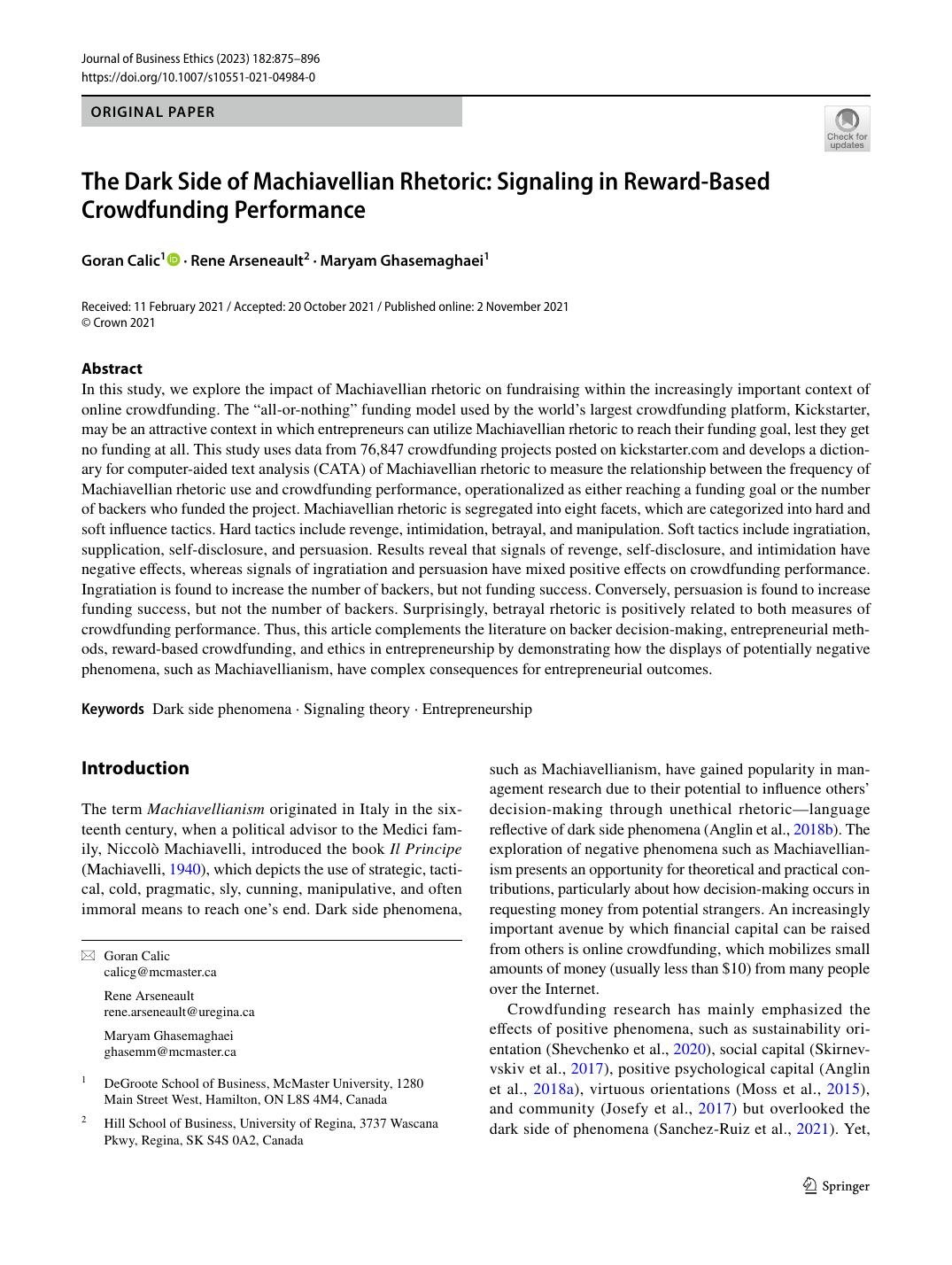 First page of The Dark Side of Machiavellian Rhetoric: Signaling in Reward-Based Crowdfunding Performance in Journal of Business Ethics