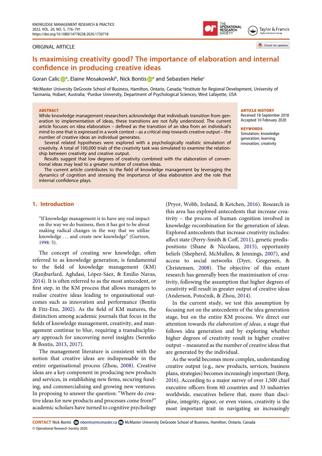 First page of Is maximising creativity good? The importance of elaboration and internal confidence in producing creative ideas in Knowledge Management Research & Practice