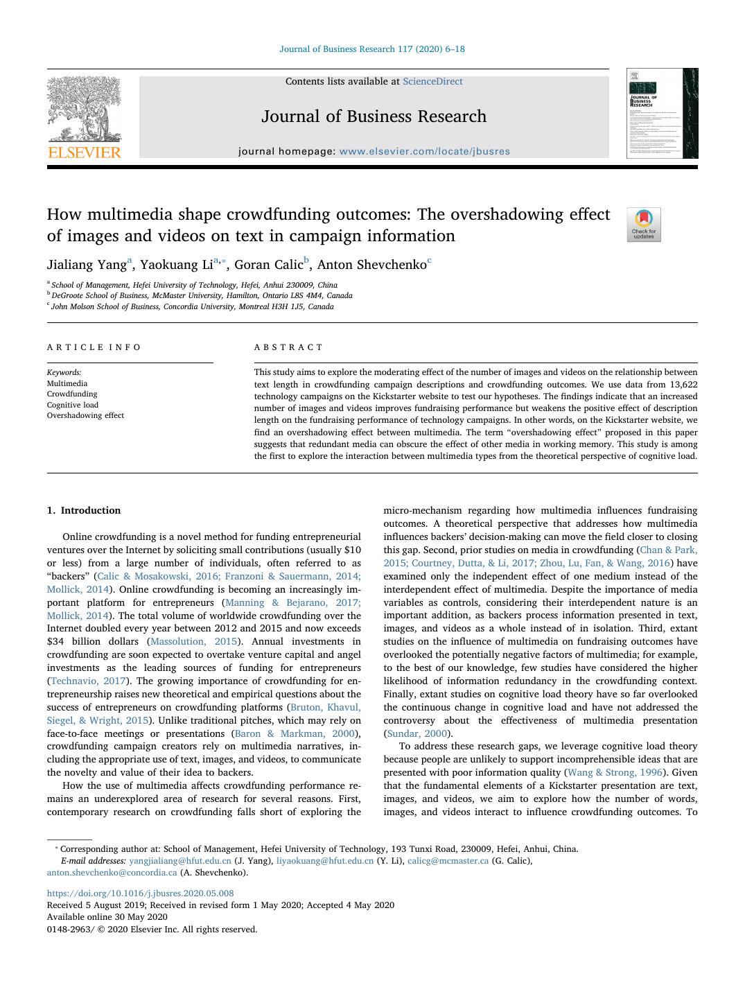 First page of How multimedia shape crowdfunding outcomes: The overshadowing effect of images and videos on text in campaign information in Journal of Business Research