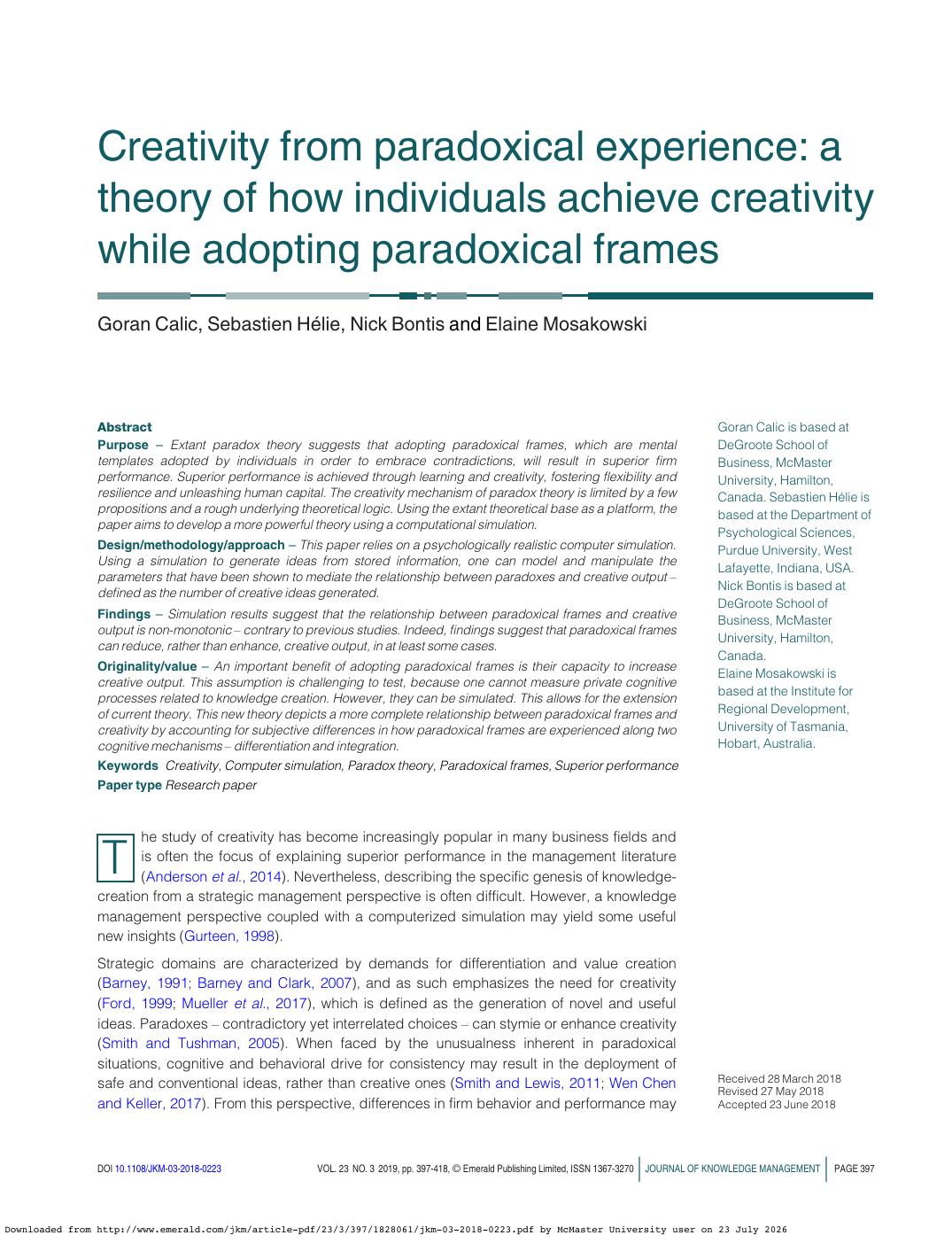 First page of Creativity from paradoxical experience: A theory of how individuals achieve creativity while adopting paradoxical frames in Journal of Knowledge Management