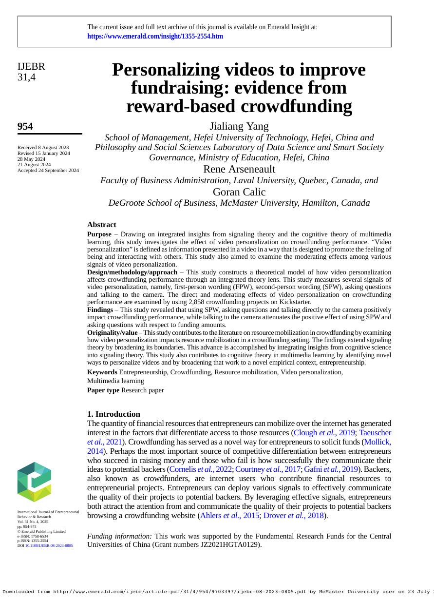 First page of Personalizing videos to improve fundraising: Evidence from reward-based crowdfunding in International Journal of Entrepreneurial Behaviour & Research
