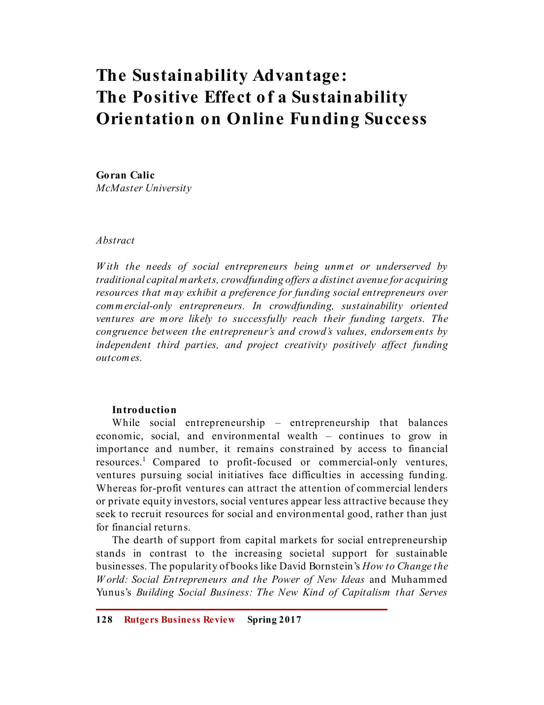 First page of The sustainability advantage: The positive effect of a sustainability orientation on online funding success in Rutgers Business Review
