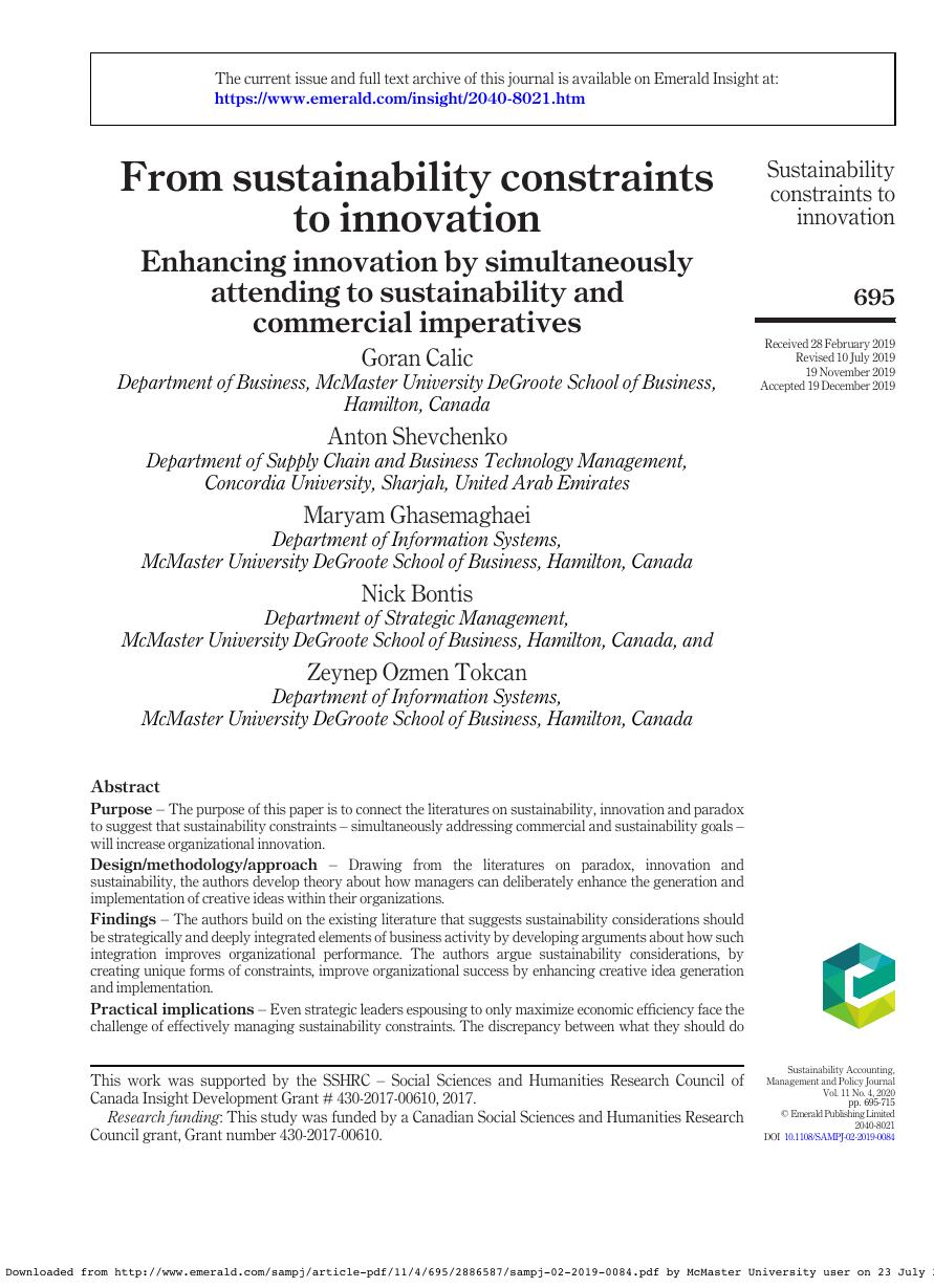 First page of From sustainability constraints to innovation: Enhancing innovation by simultaneously attending to sustainability and commercial imperatives in Sustainability Accounting, Management and Policy Journal