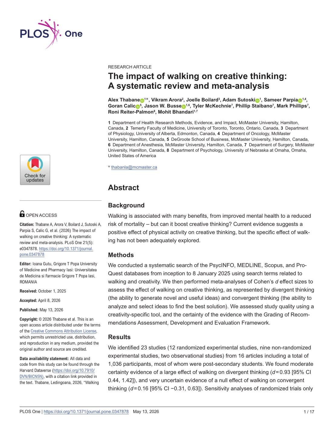 First page of The impact of walking on creative thinking: A systematic review and meta-analysis in PLOS One
